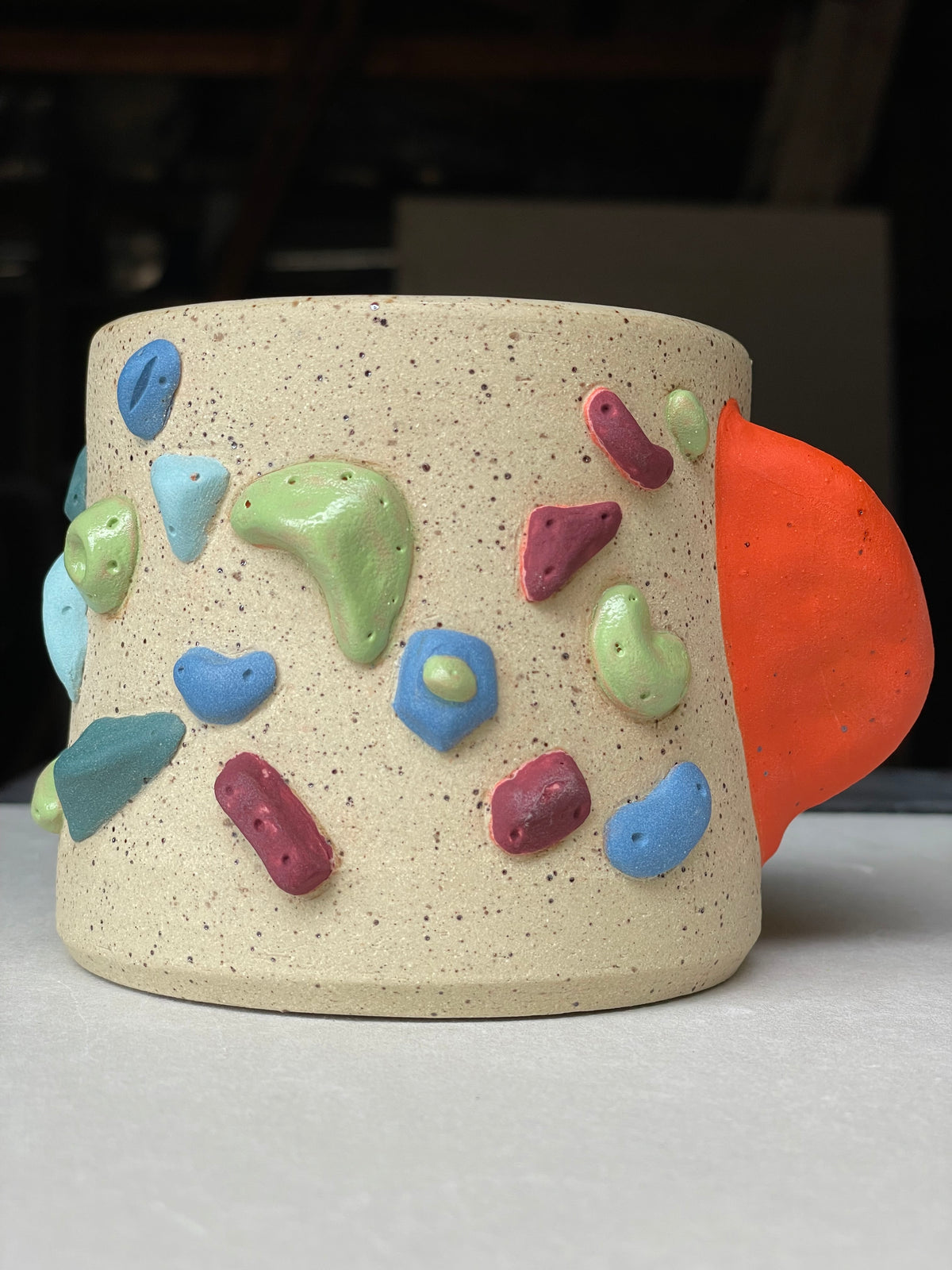 Low Wide Cup - Buff Speckled with Hold Handle - Handsculpted