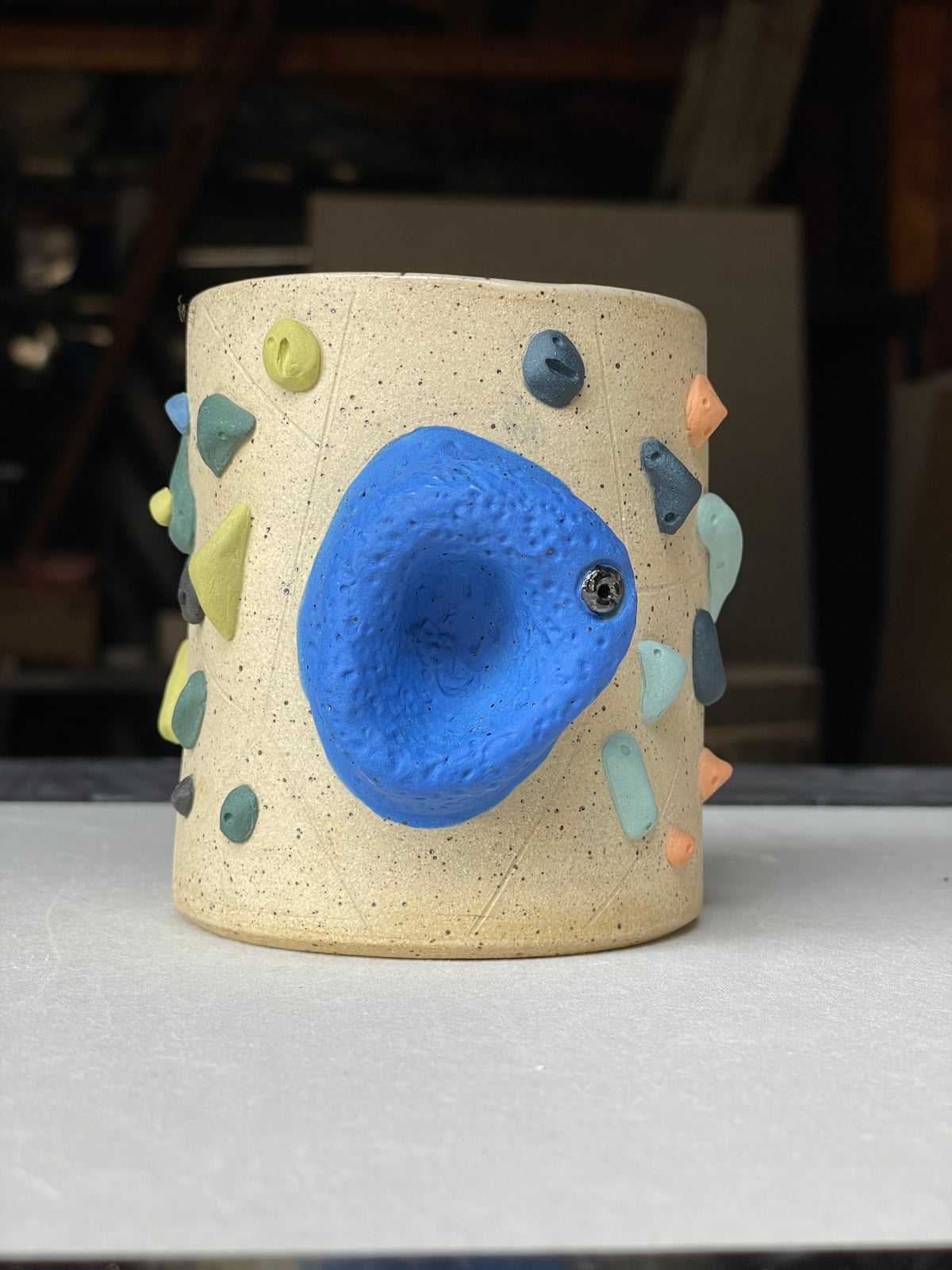 Straight Wall Cup - Buff Speckled with Hold Handle - Handsculpted