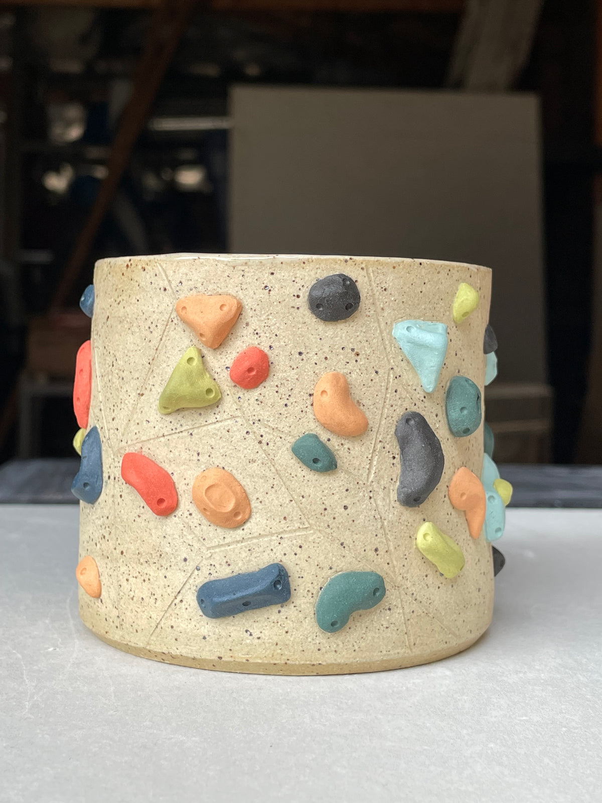 Low Wide Cup - Buff Speckled with Hold Handle - Handsculpted