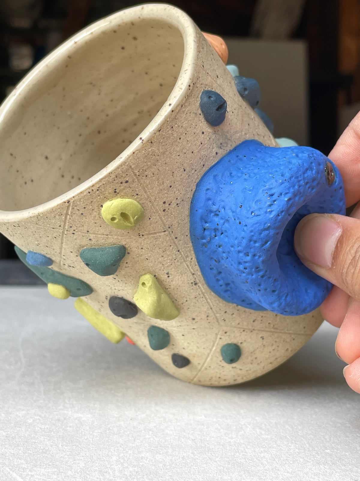 Straight Wall Cup - Buff Speckled with Hold Handle - Handsculpted