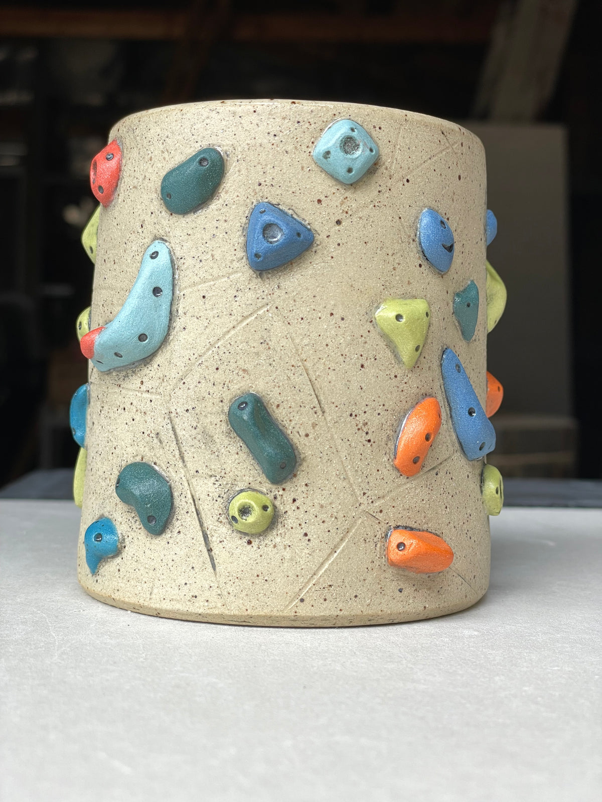 Straight Wall Cup - Buff Speckled with Hold Handle - Handsculpted