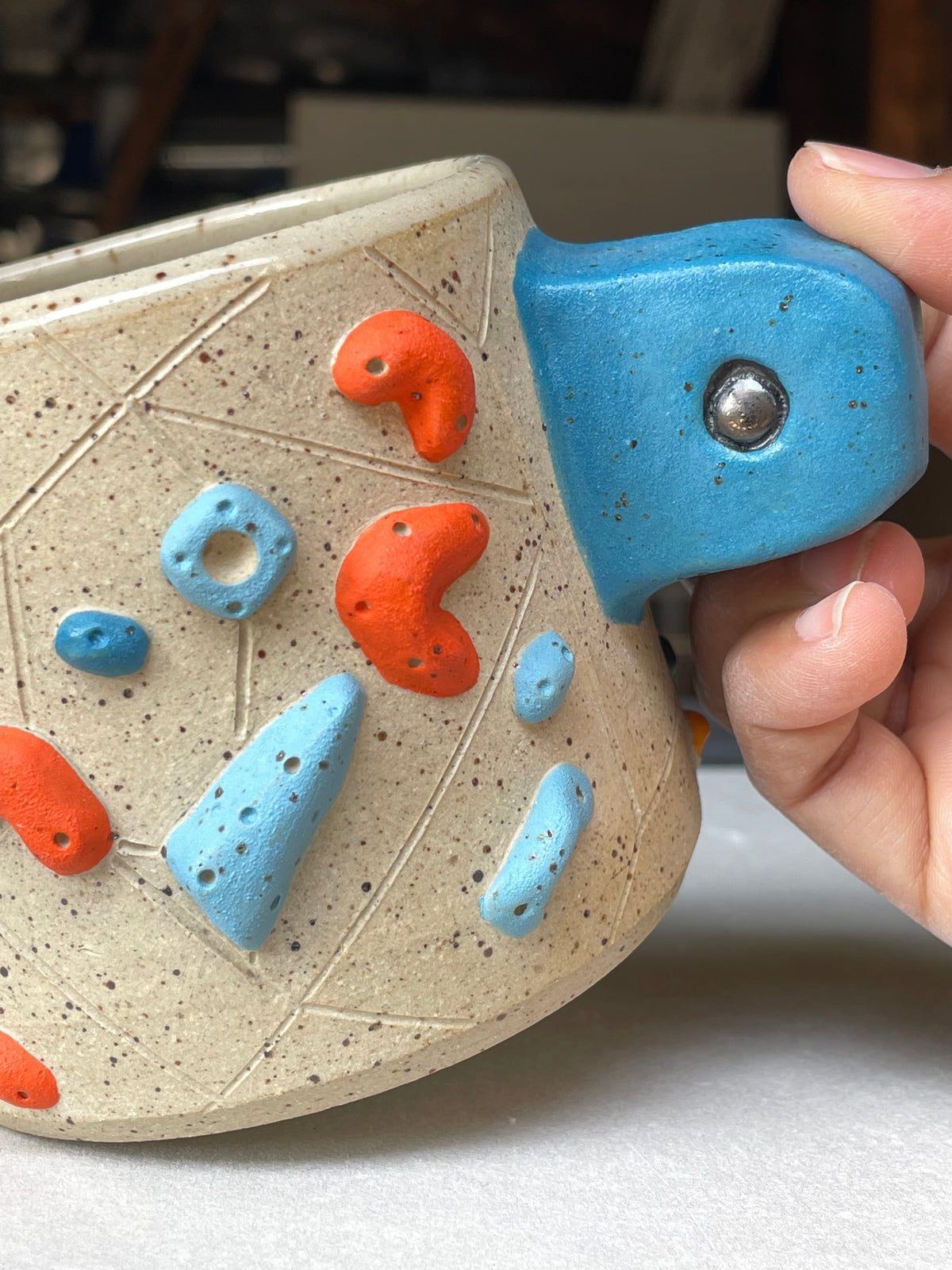 Low Wide Cup - Buff Speckled with Hold Handle - Handsculpted
