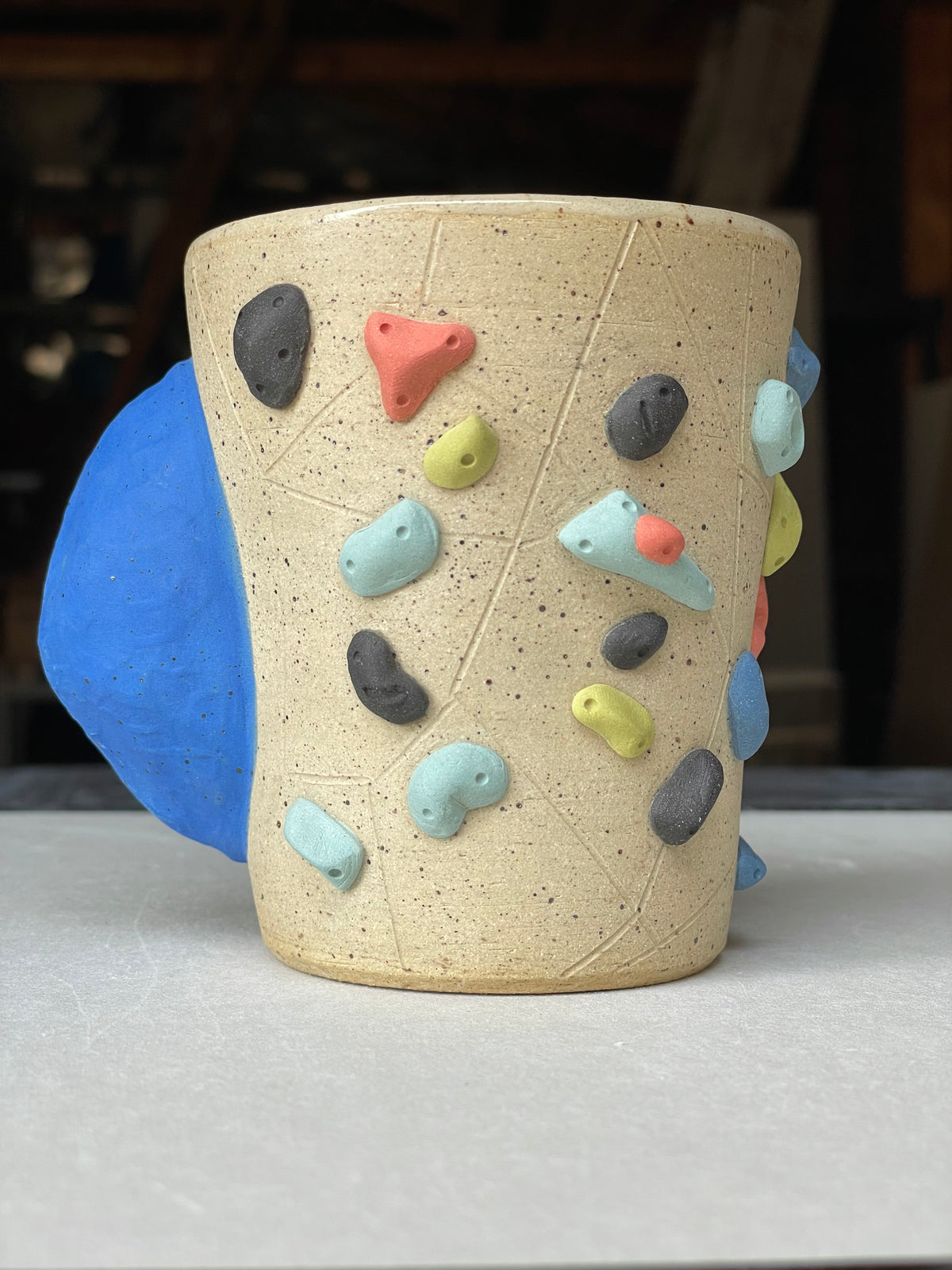 V-shape Cup - Buff Speckled with Hold Handle - Handsculpted