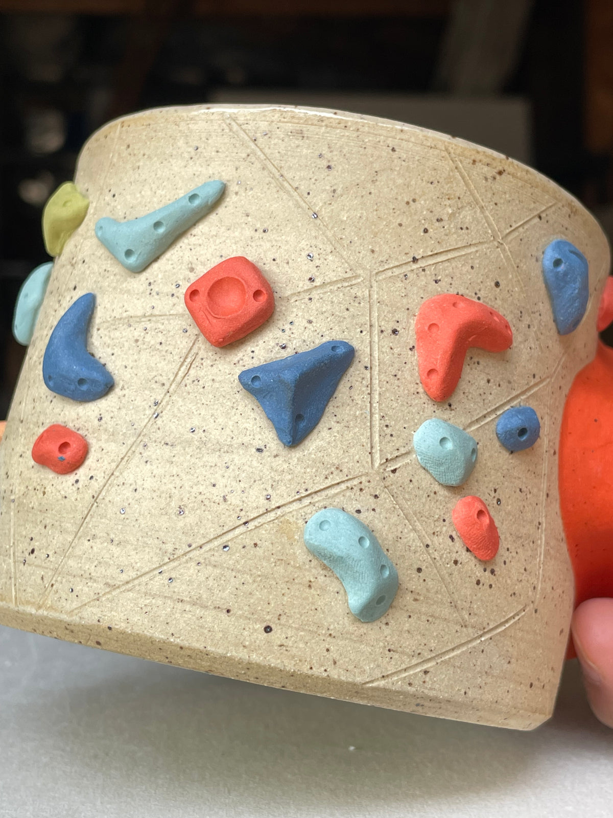 Low Wide Cup - Buff Speckled with Hold Handle - Handsculpted