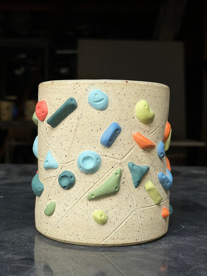 Straight Wall Cup - Buff Speckled with Hold Handle - Handsculpted