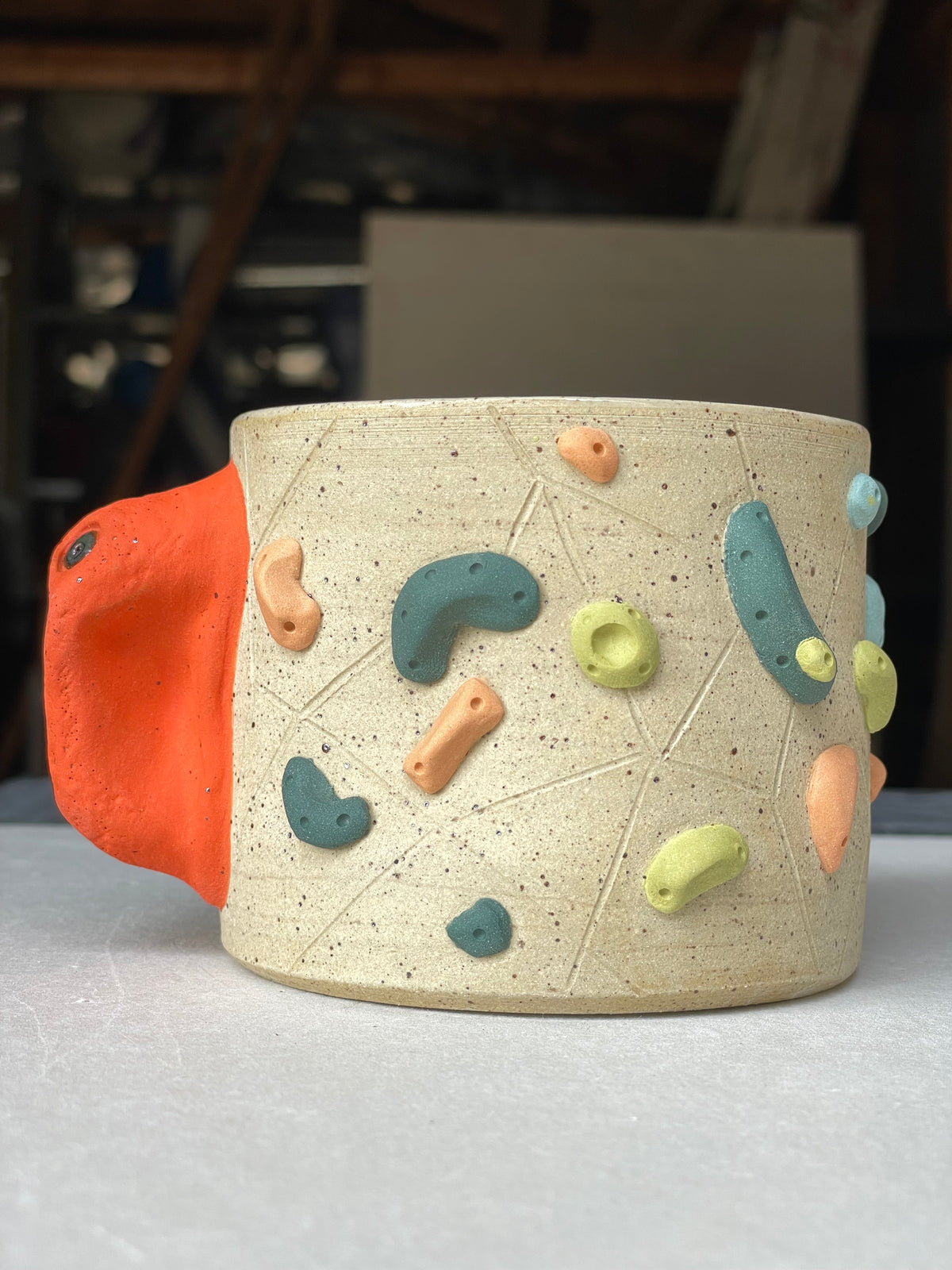 Low Wide Cup - Buff Speckled with Hold Handle - Handsculpted