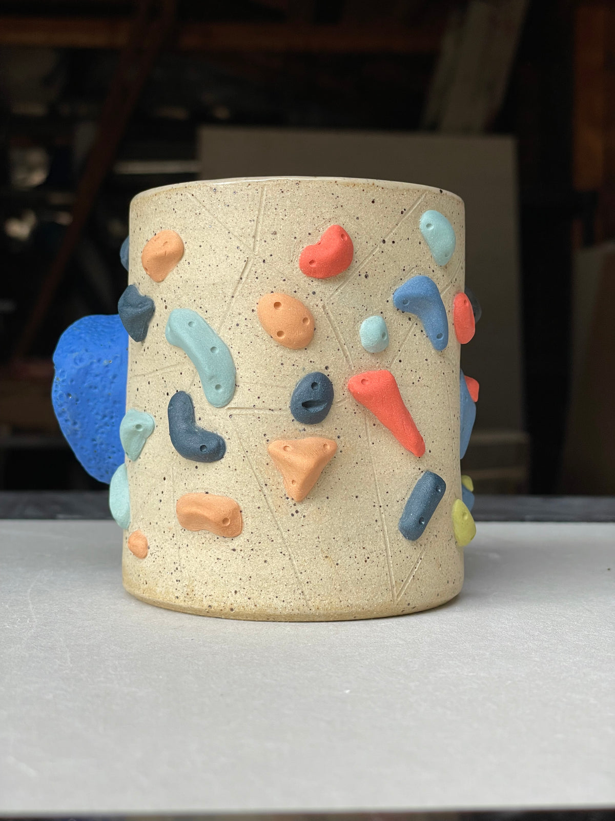 Straight Wall Cup - Buff Speckled with Hold Handle - Handsculpted