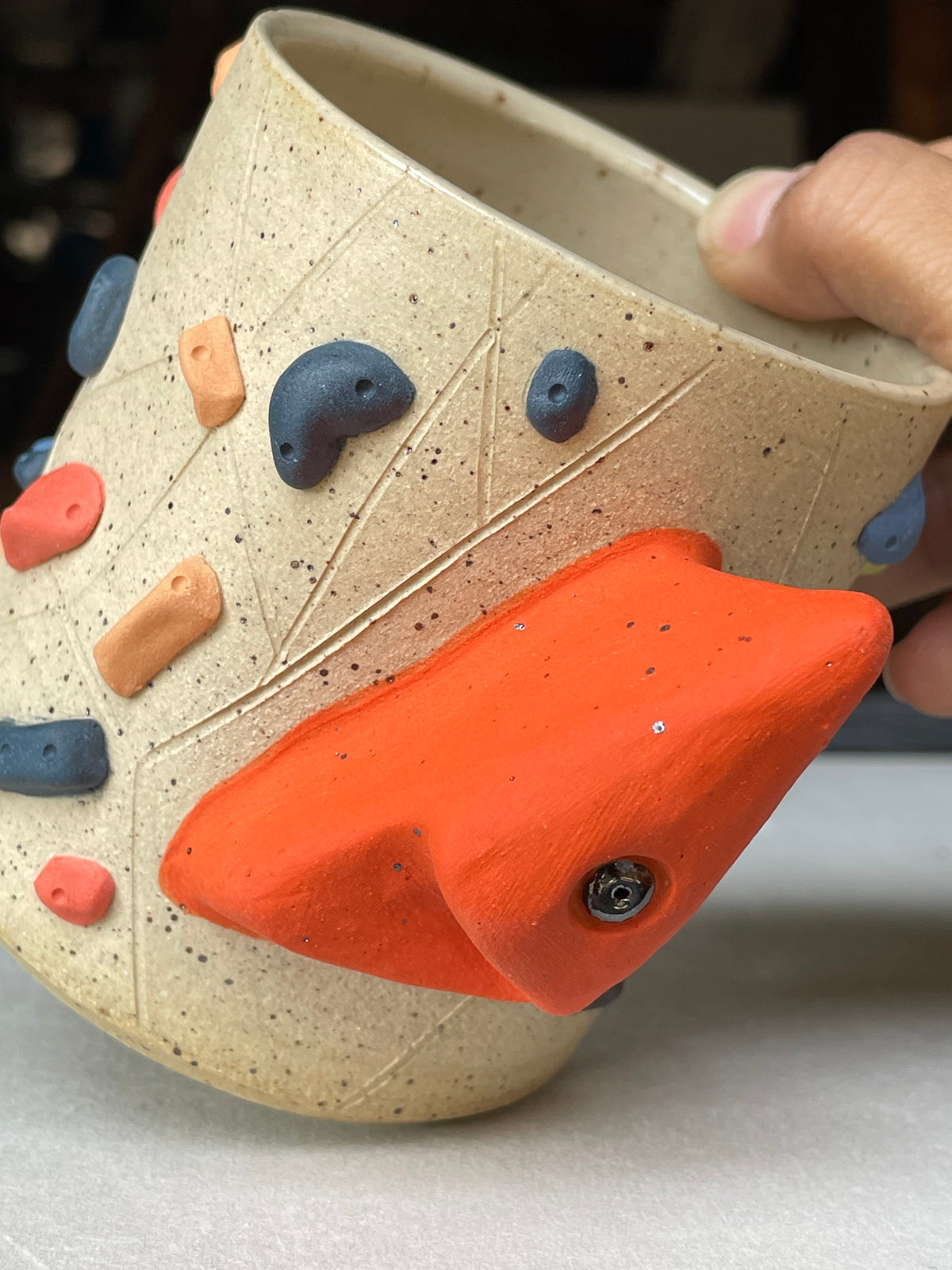 Straight Wall Cup - Buff Speckled with Hold Handle - Handsculpted