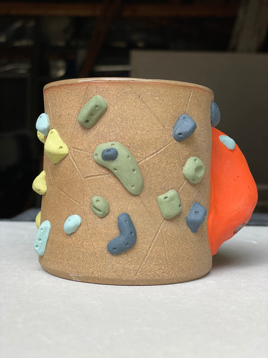 Toasty Brown Climbing Cup with RED Hold Handle 11oz - Handsculpted - SECONDS