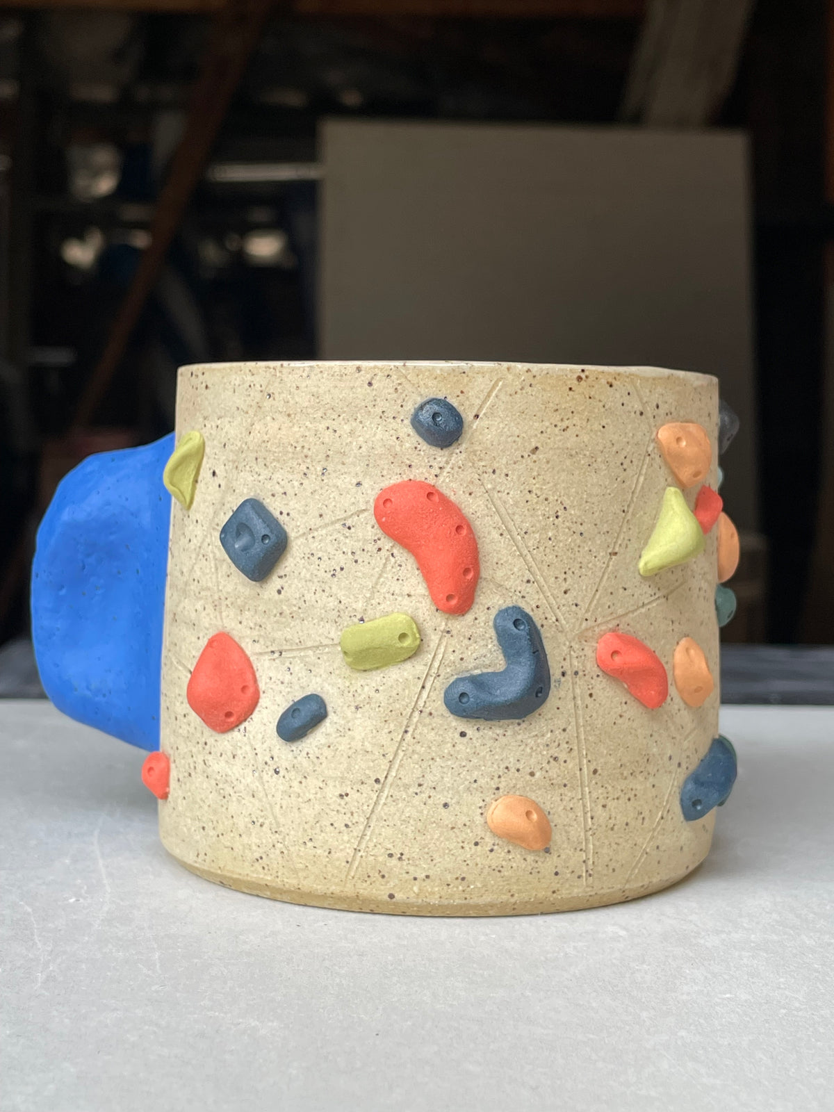 Low Wide Cup - Buff Speckled with Hold Handle - Handsculpted