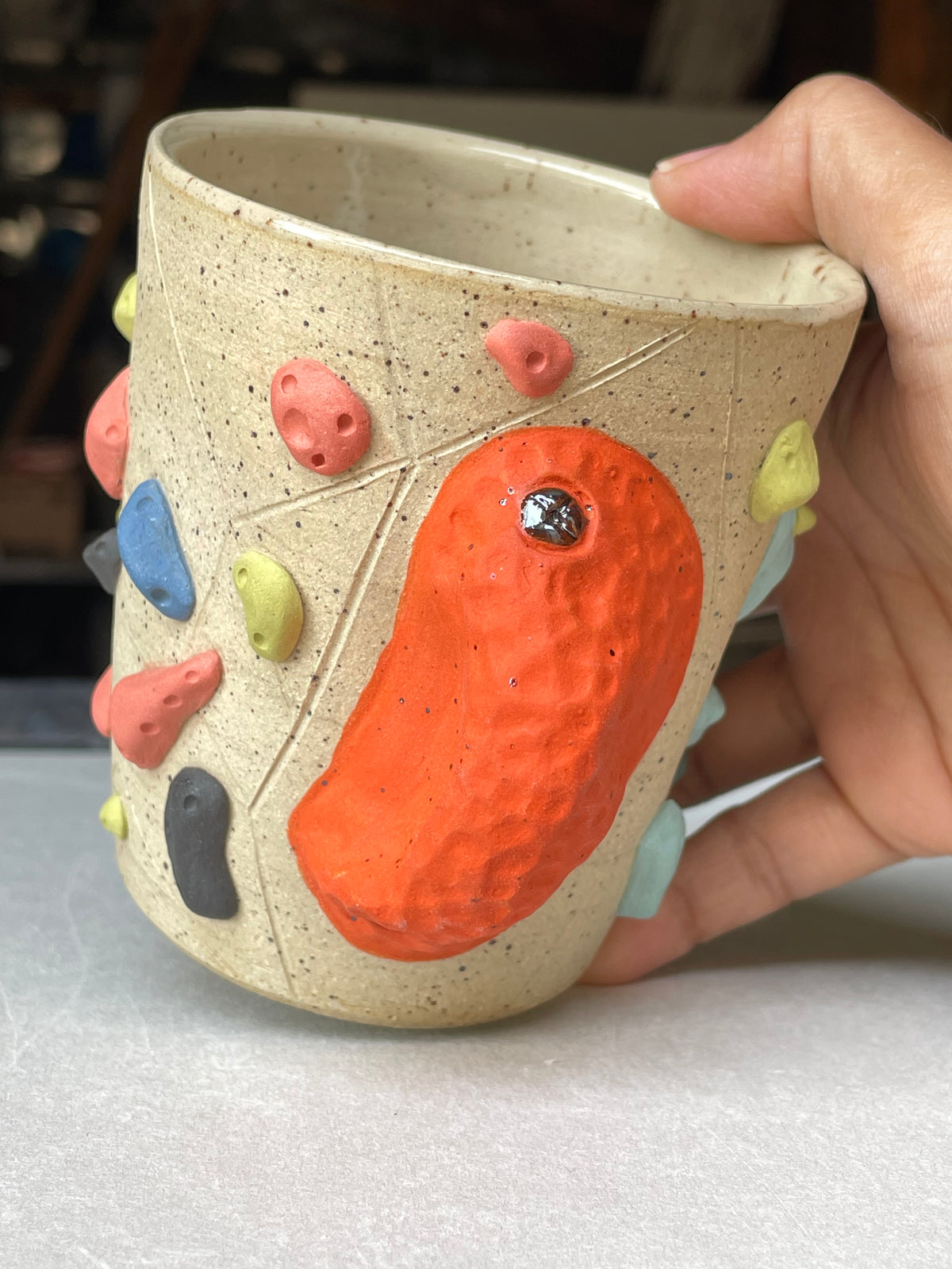 V-shape Cup - Buff Speckled with Hold Handle - Handsculpted