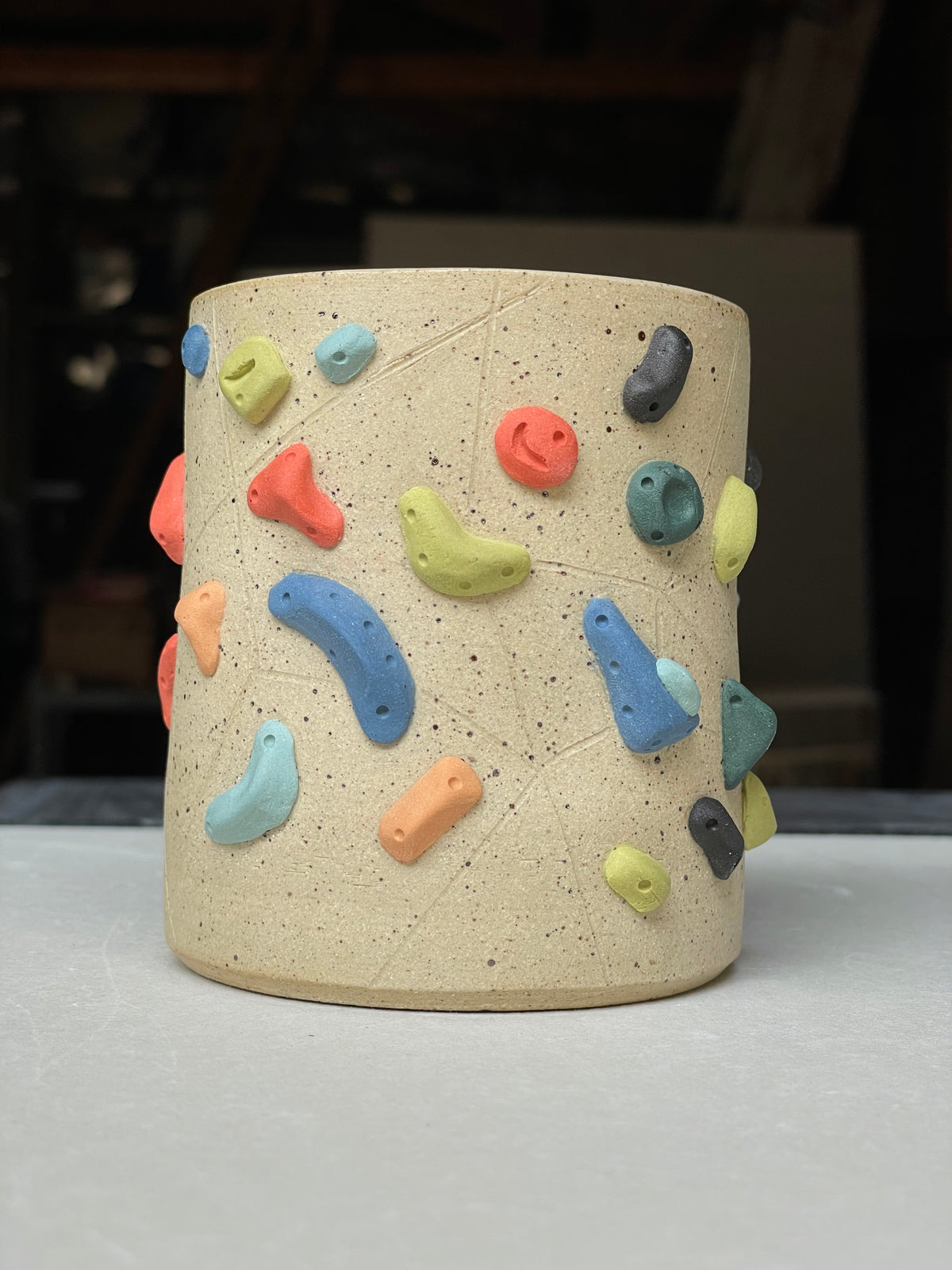 Straight Wall Cup - Buff Speckled with Hold Handle - Handsculpted