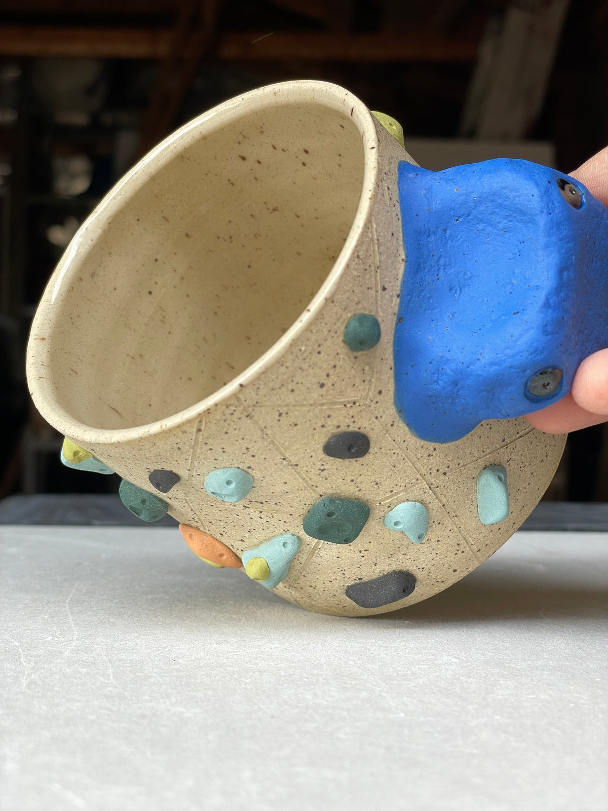 Low Wide Cup - Buff Speckled with Hold Handle - Handsculpted