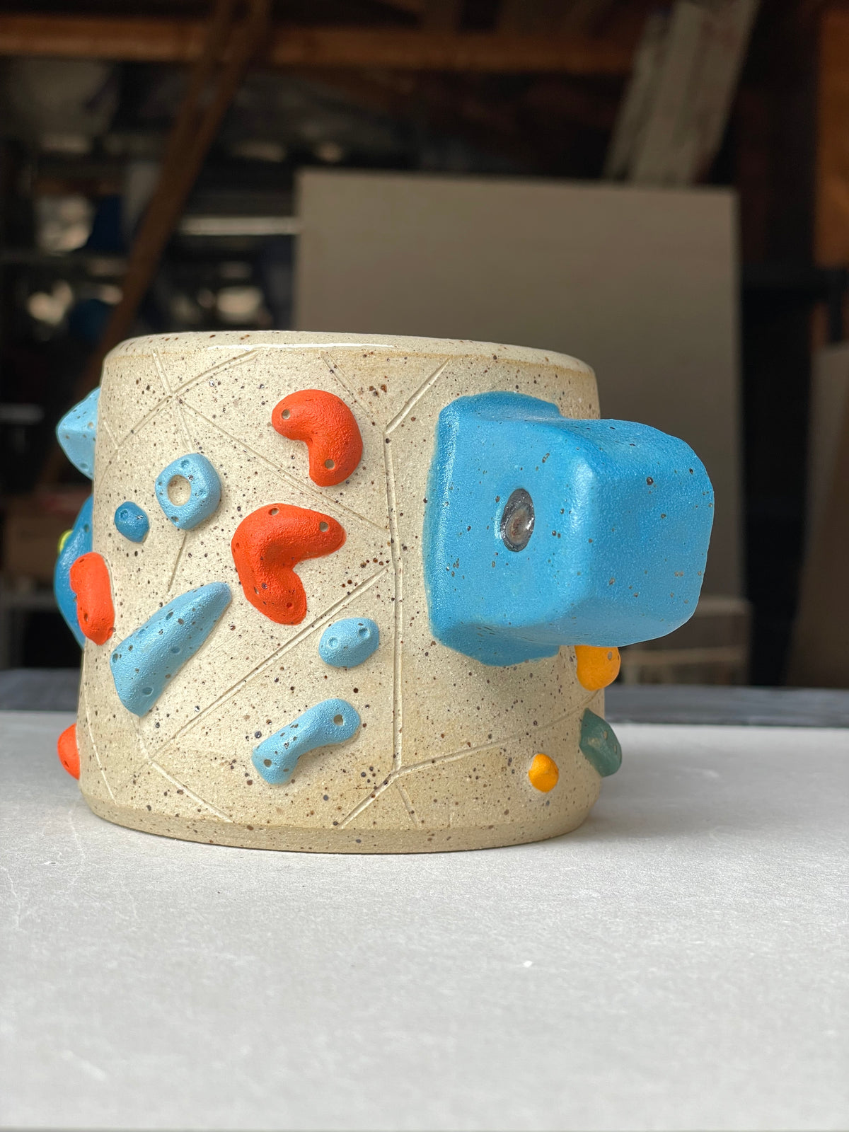 Low Wide Cup - Buff Speckled with Hold Handle - Handsculpted