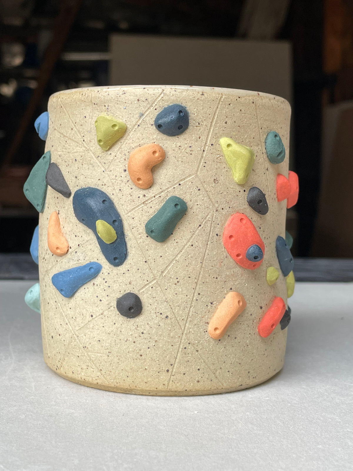 Straight Wall Cup - Buff Speckled with Hold Handle - Handsculpted