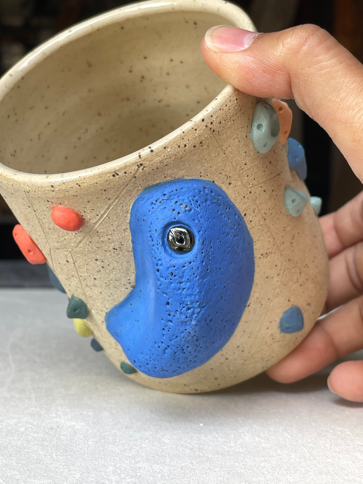 Straight Wall Cup - Buff Speckled with Hold Handle - Handsculpted
