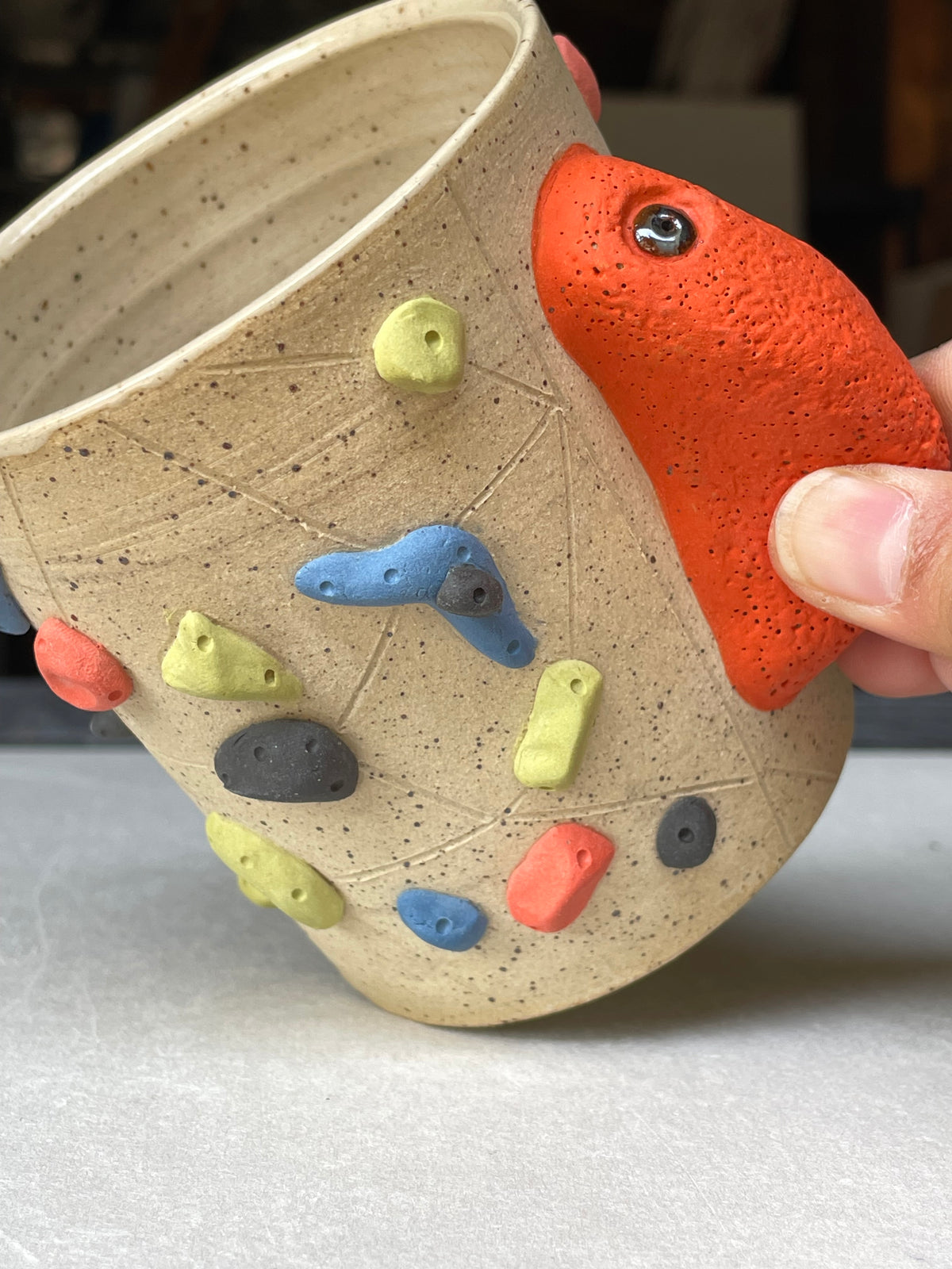 V-shape Cup - Buff Speckled with Hold Handle - Handsculpted