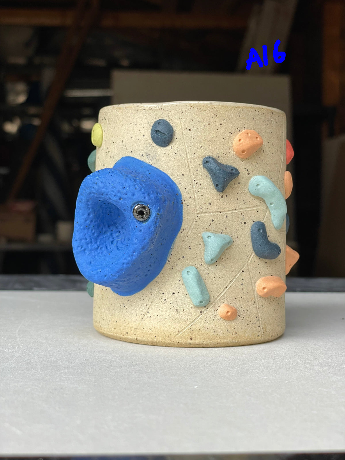 Straight Wall Cup - Buff Speckled with Hold Handle - Handsculpted