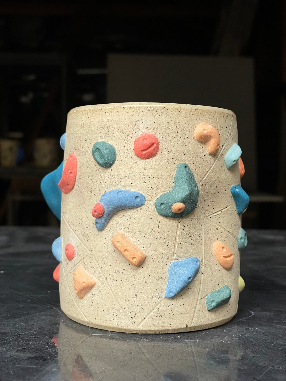 Straight Wall Cup - Buff Speckled with Hold Handle - Handsculpted