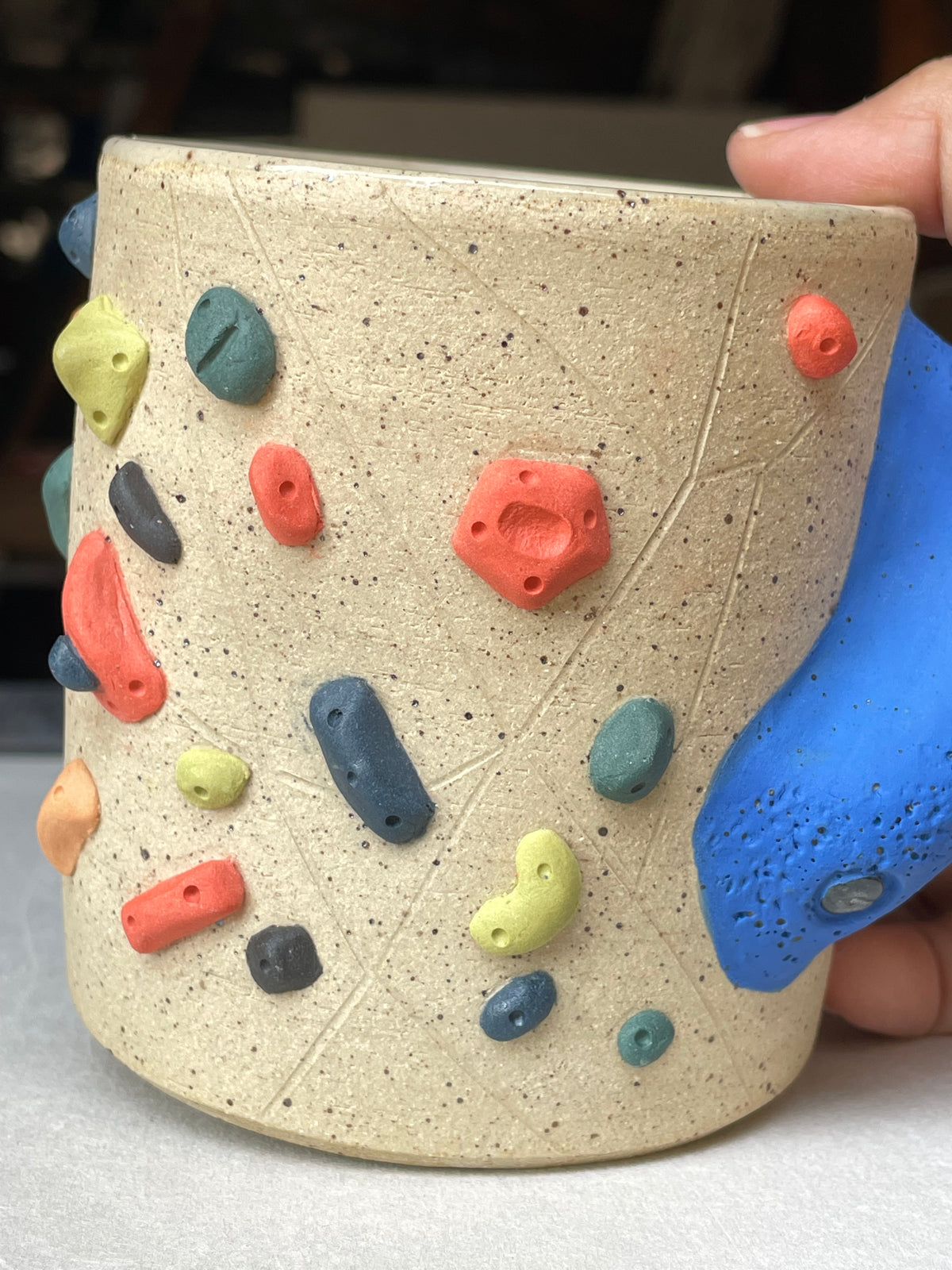 Straight Wall Cup - Buff Speckled with Hold Handle - Handsculpted