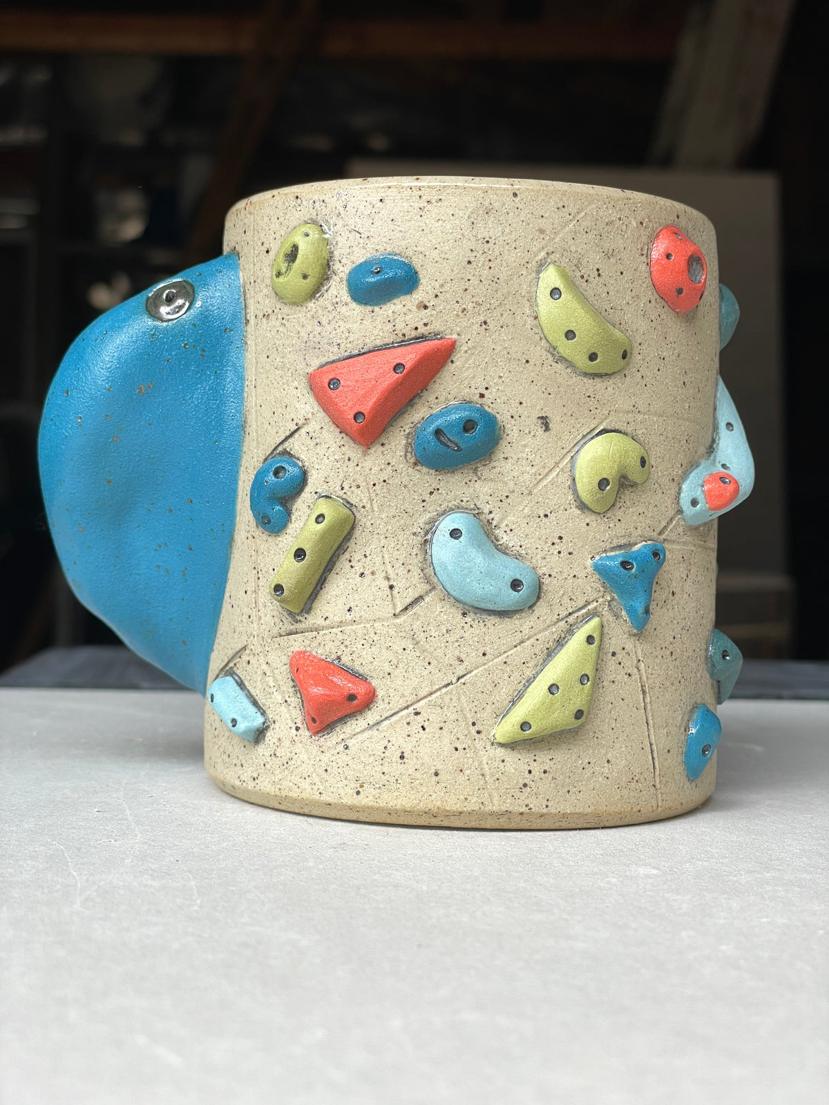 Straight Wall Cup - Buff Speckled with Hold Handle - Handsculpted