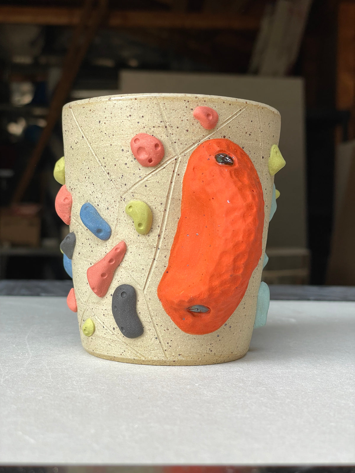 V-shape Cup - Buff Speckled with Hold Handle - Handsculpted
