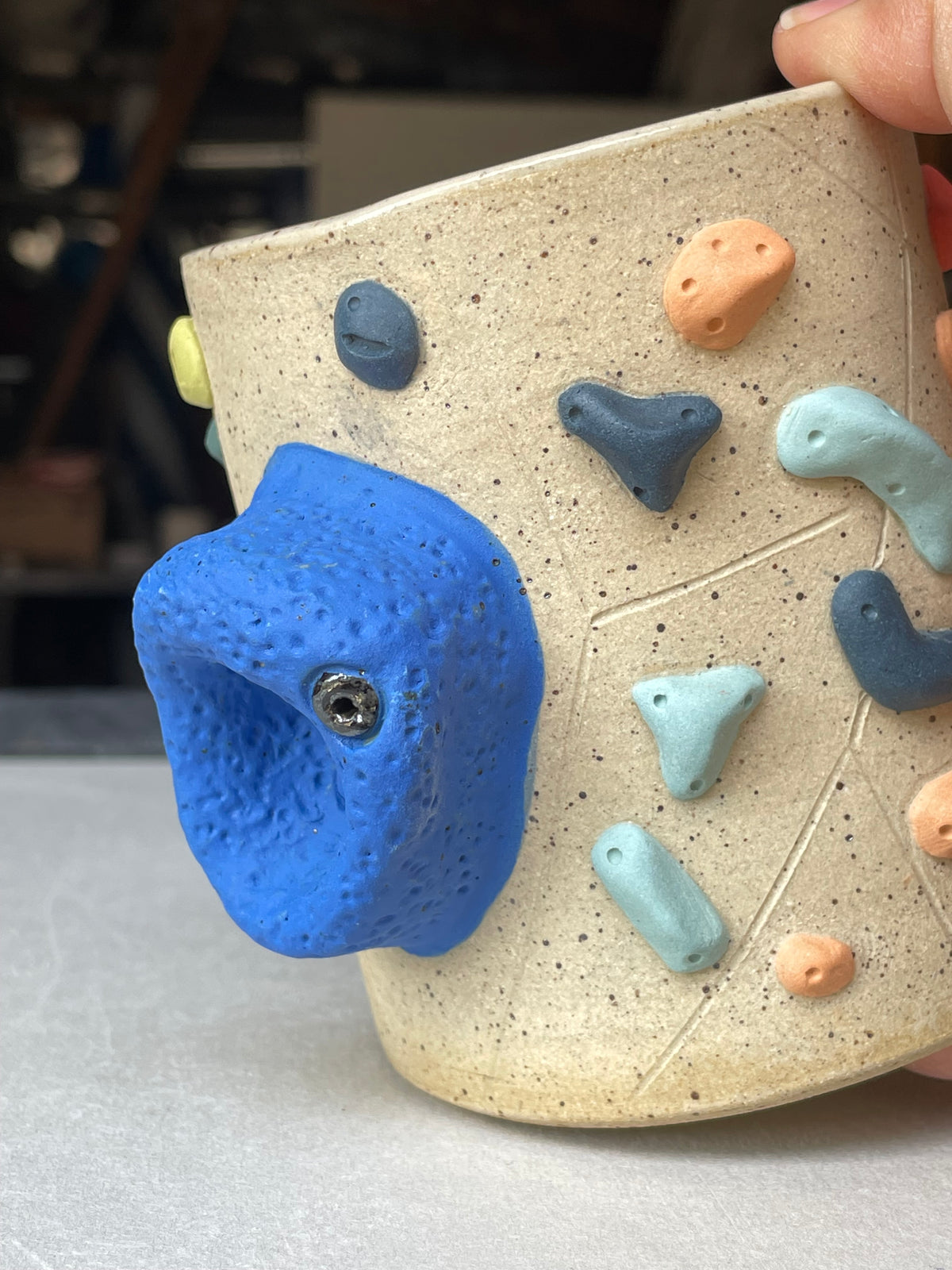 Straight Wall Cup - Buff Speckled with Hold Handle - Handsculpted