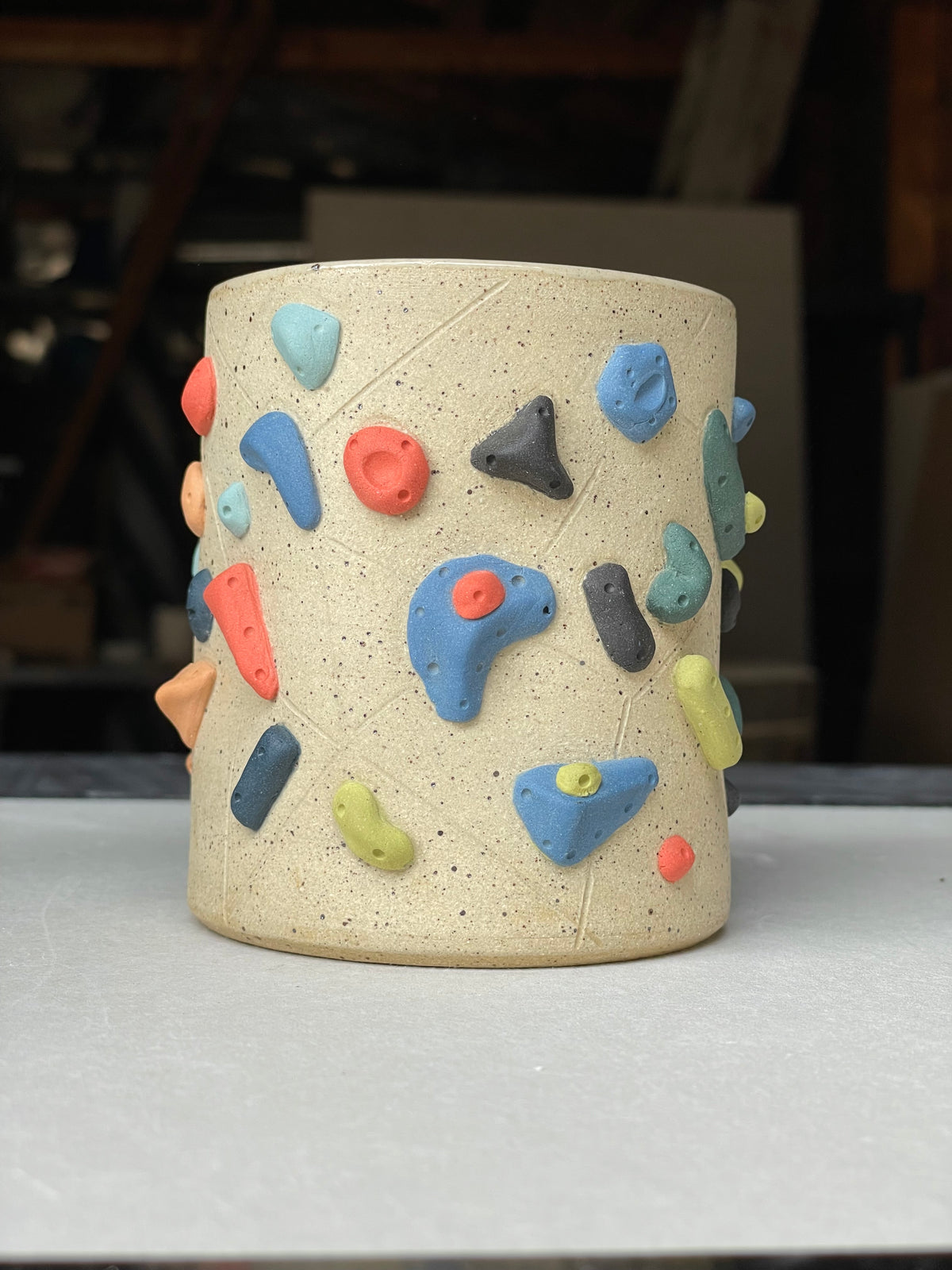 Straight Wall Cup - Buff Speckled with Hold Handle - Handsculpted