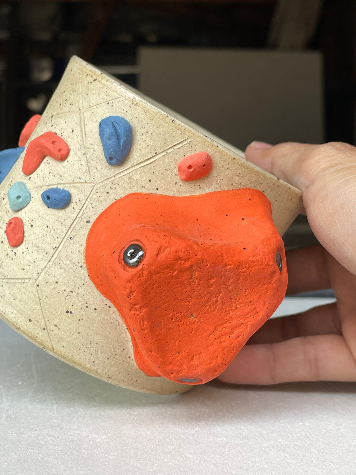 Low Wide Cup - Buff Speckled with Hold Handle - Handsculpted