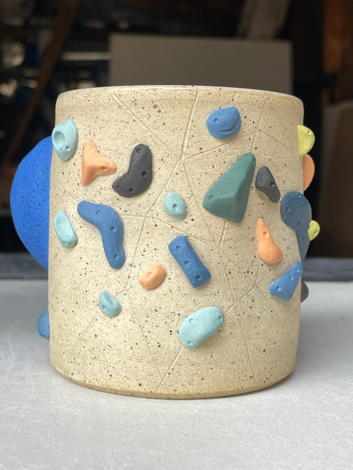 Straight Wall Cup - Buff Speckled with Hold Handle - Handsculpted