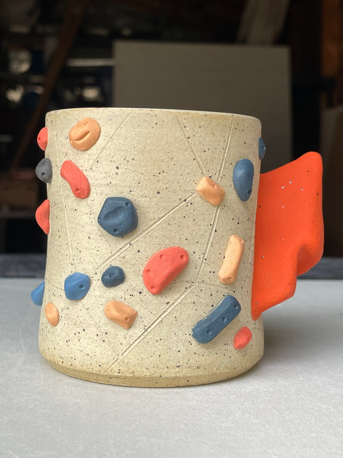 Straight Wall Cup - Buff Speckled with Hold Handle - Handsculpted
