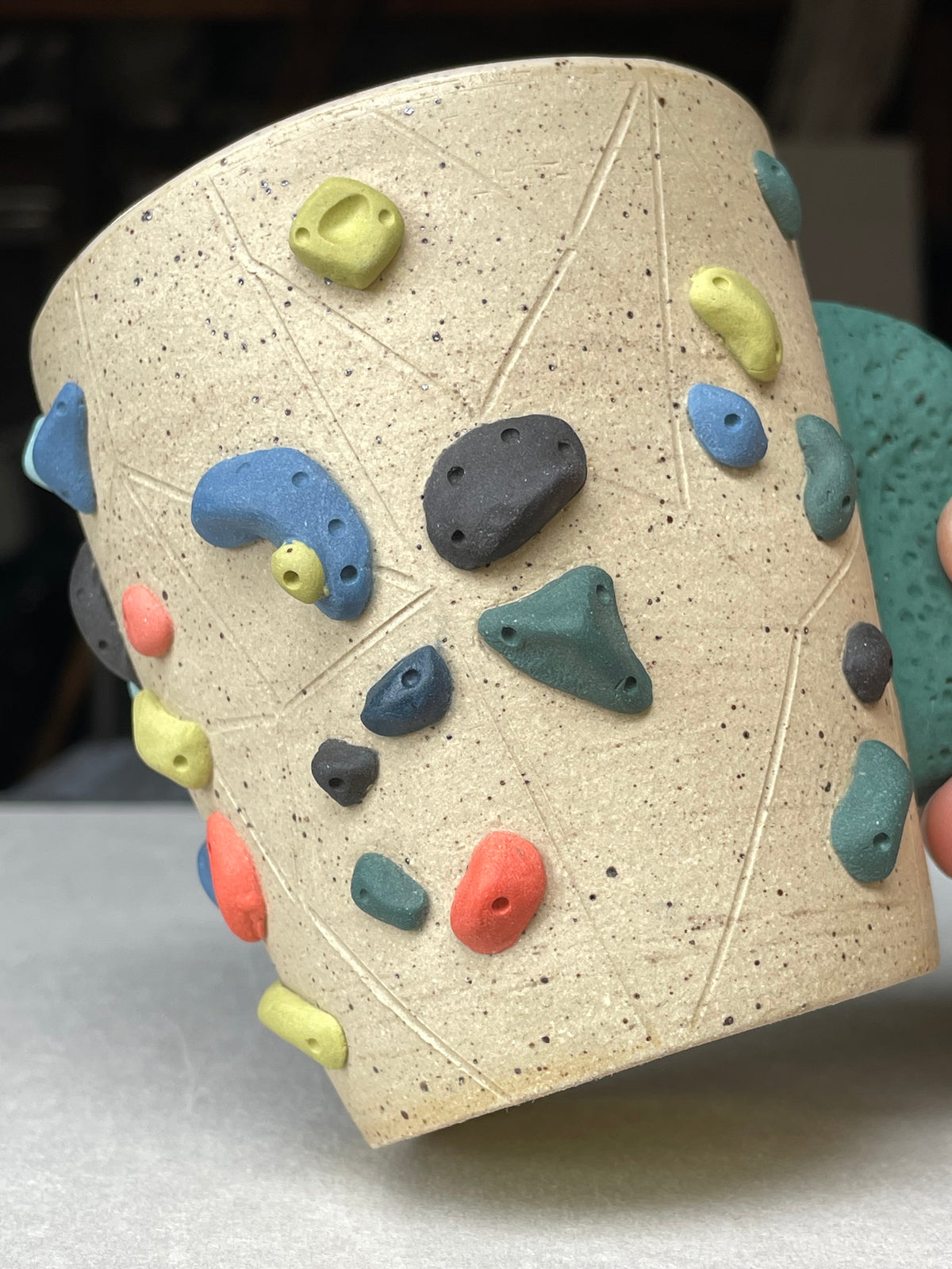 V-shape Cup - Buff Speckled with Hold Handle - Handsculpted