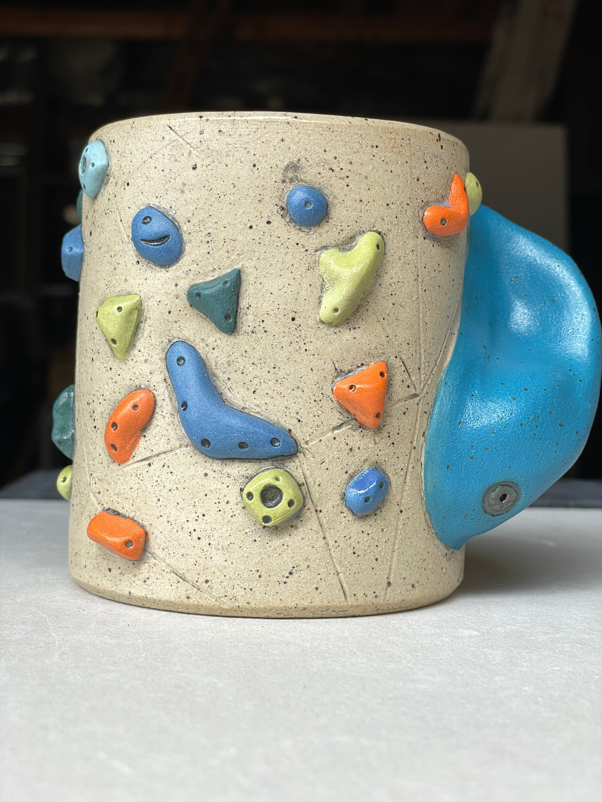 Straight Wall Cup - Buff Speckled with Hold Handle - Handsculpted