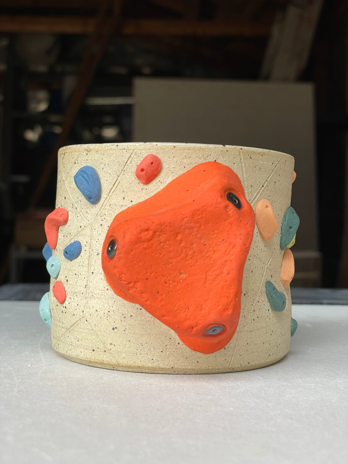 Low Wide Cup - Buff Speckled with Hold Handle - Handsculpted