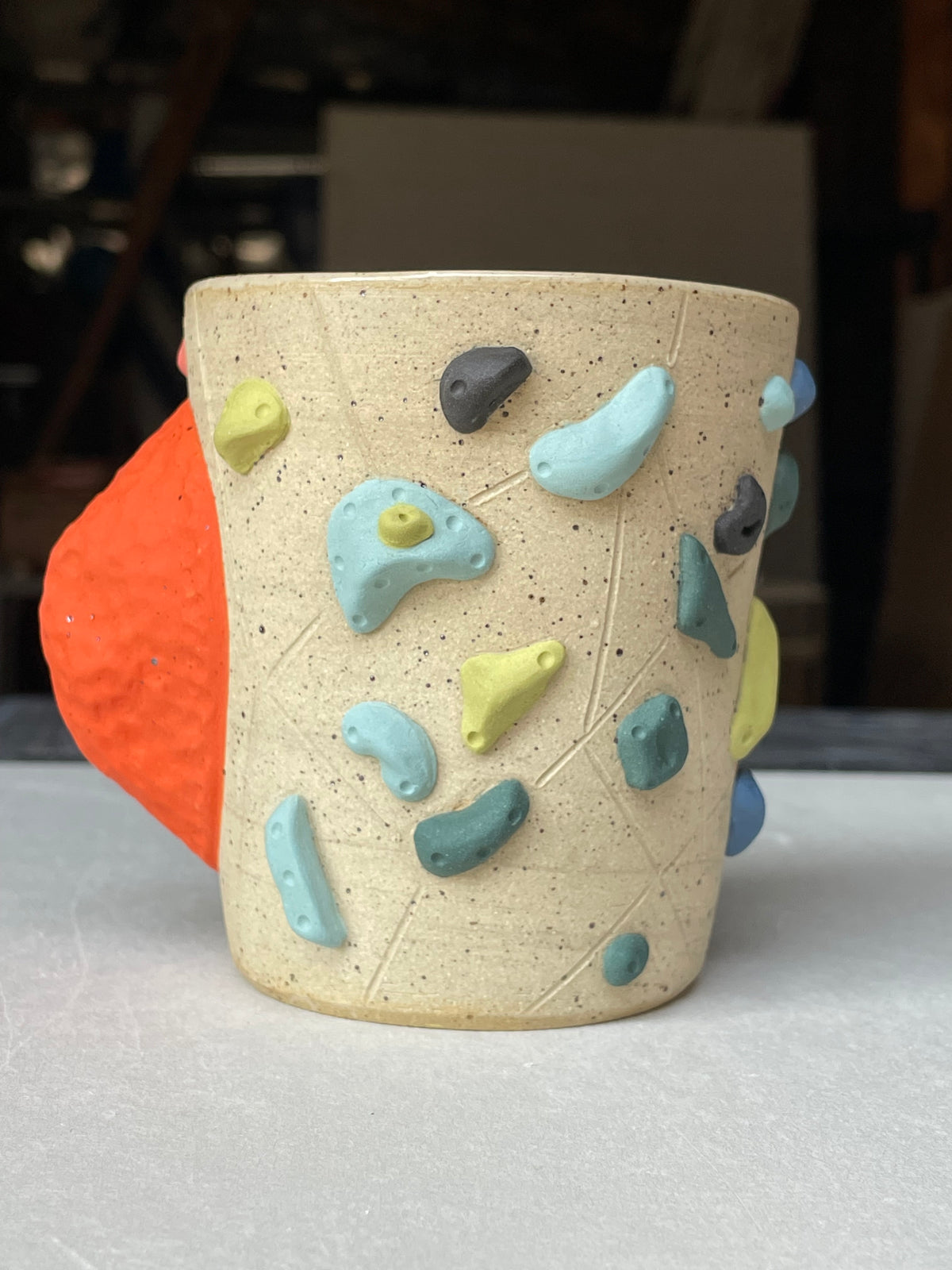 V-shape Cup - Buff Speckled with Hold Handle - Handsculpted