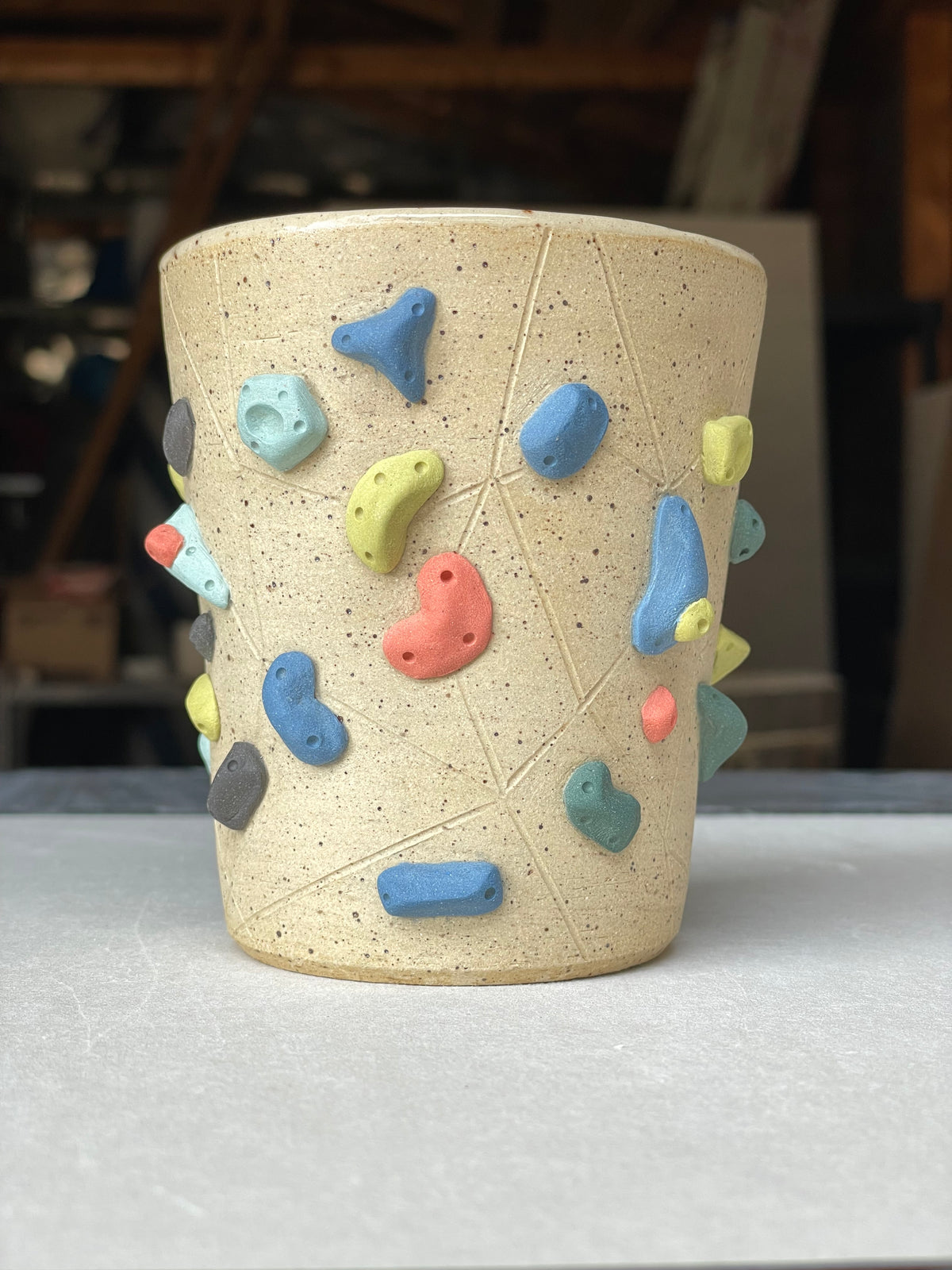 V-shape Cup - Buff Speckled with Hold Handle - Handsculpted