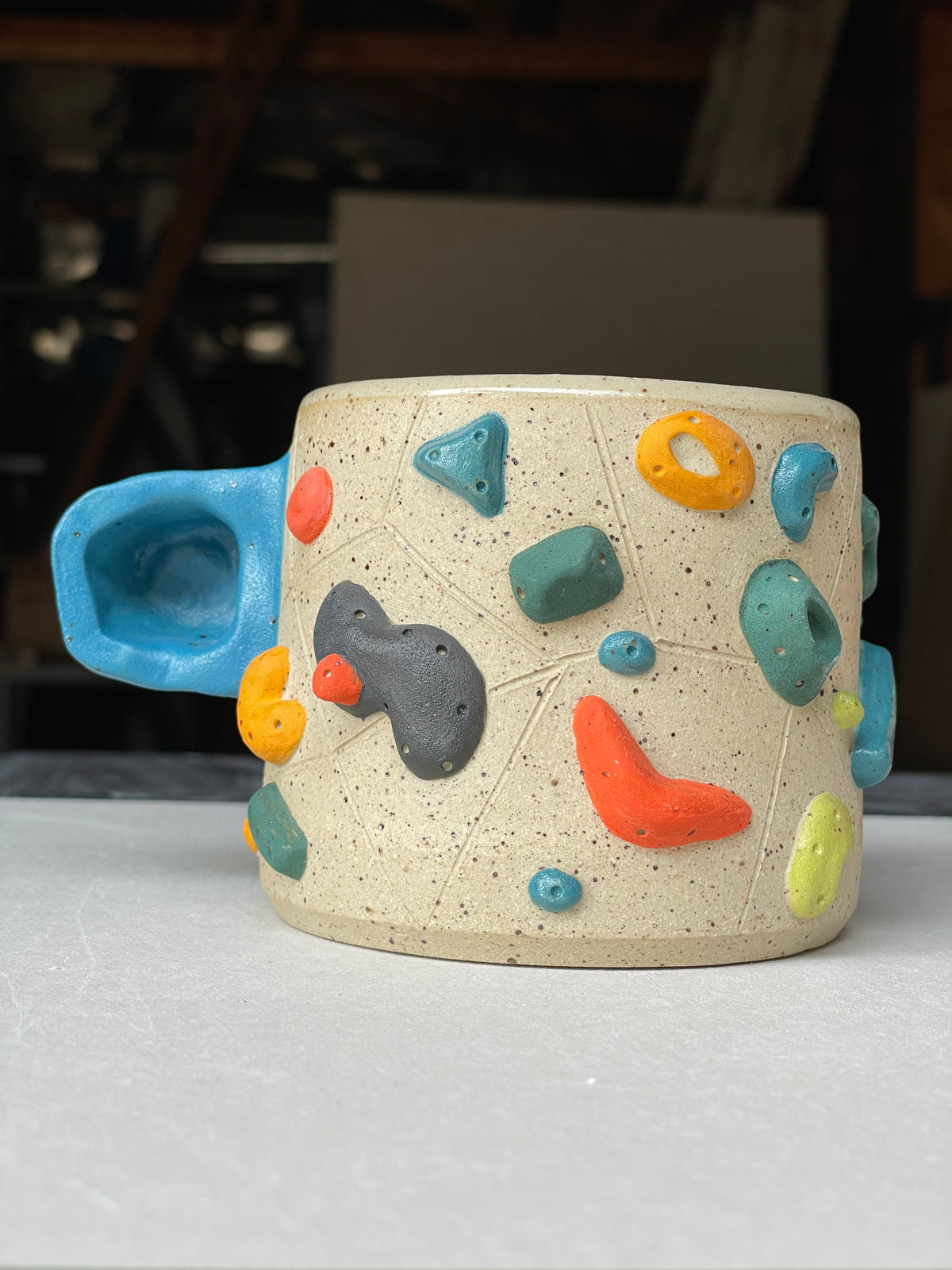 Low Wide Cup - Buff Speckled with Hold Handle - Handsculpted