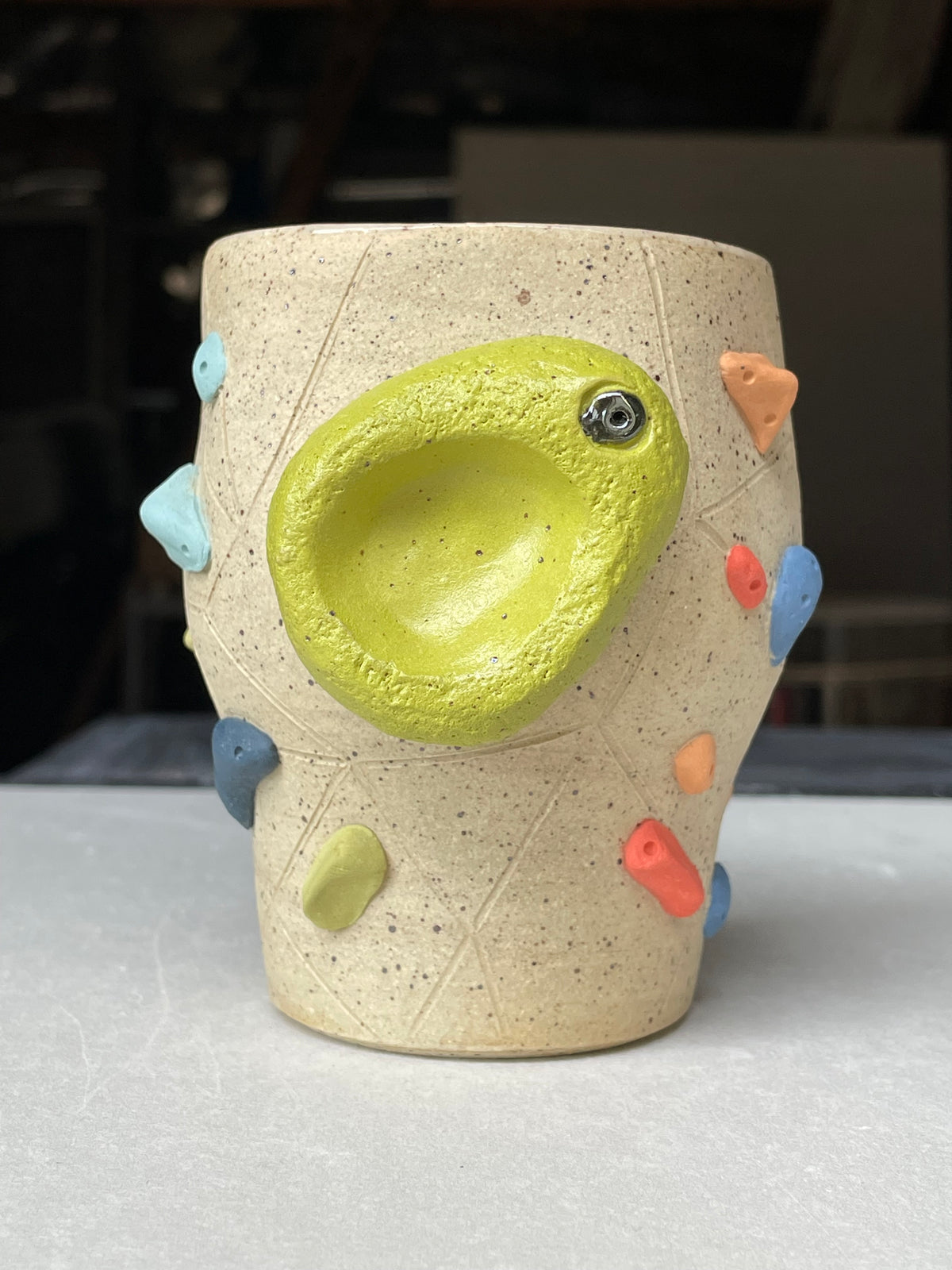 Tapered Tumbler - Buff Speckled with Hold Handle - Handsculpted