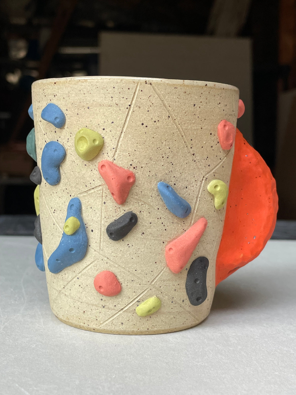 V-shape Cup - Buff Speckled with Hold Handle - Handsculpted