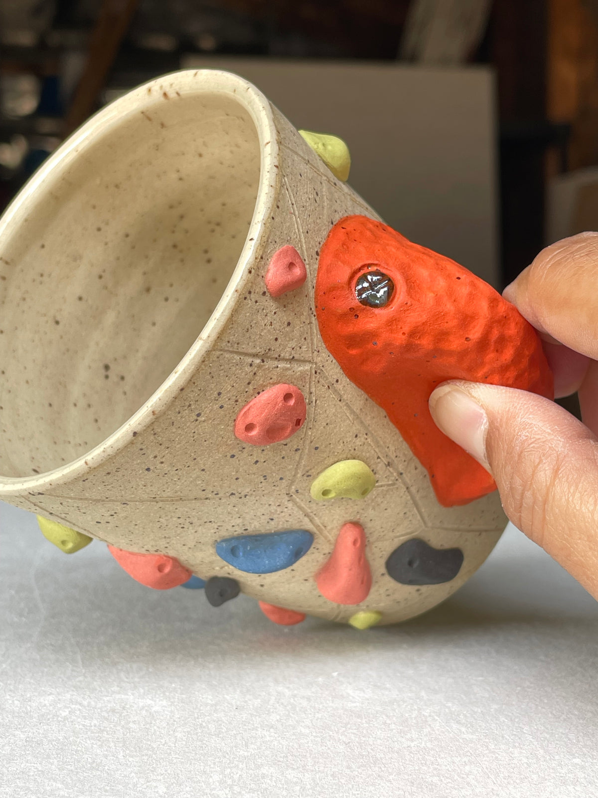 V-shape Cup - Buff Speckled with Hold Handle - Handsculpted