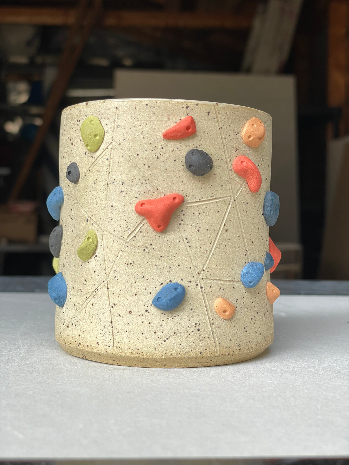 Straight Wall Cup - Buff Speckled with Hold Handle - Handsculpted