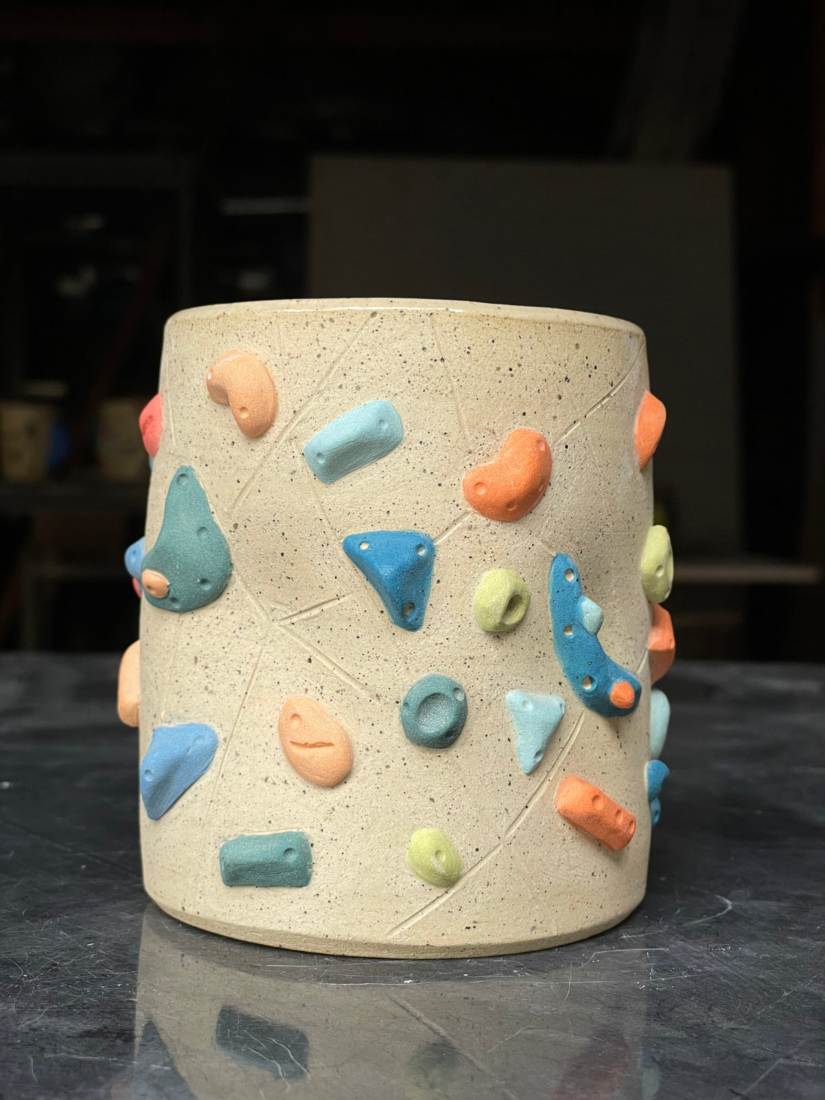 Straight Wall Cup - Buff Speckled with Hold Handle - Handsculpted